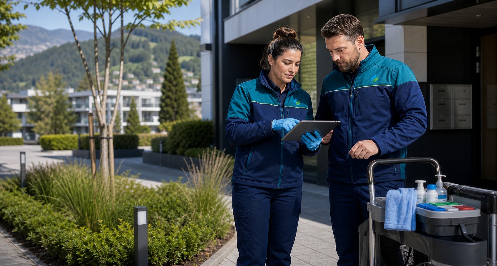 HuusPutz Team mit Tablet und Reinigungswagen